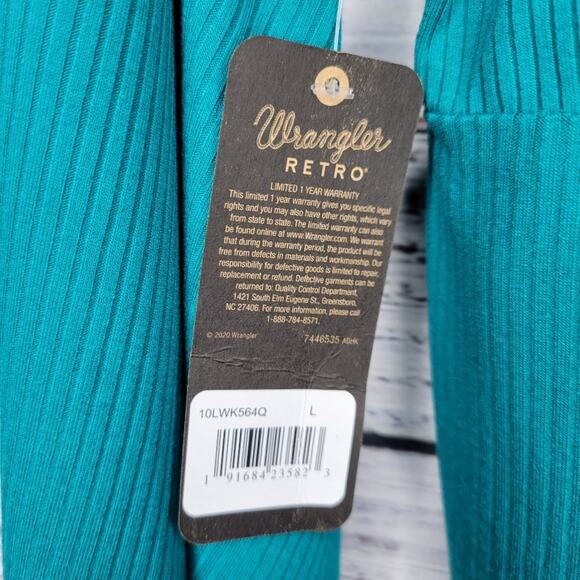 Wrangler Ladies Retro Surplice Bell Sleeve Ribbed Top Teal Green | Large - Picture 10 of 10